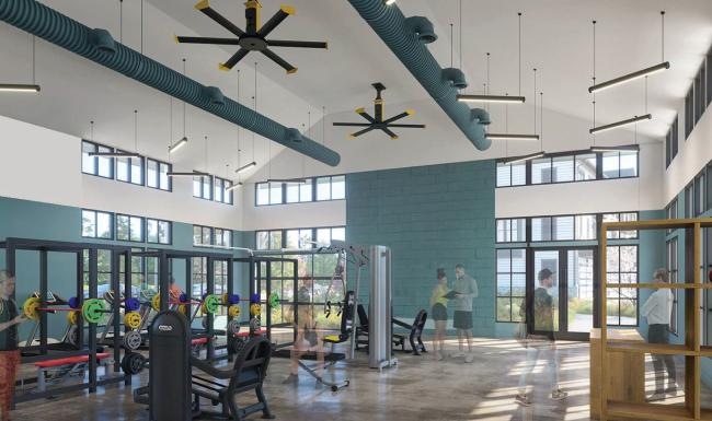 a room with a helicopter from the ceiling