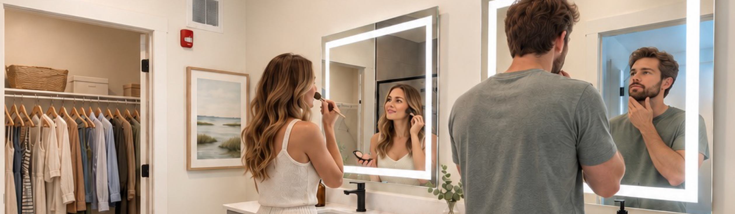 The essence of exceptional living man and woman looking in a mirror